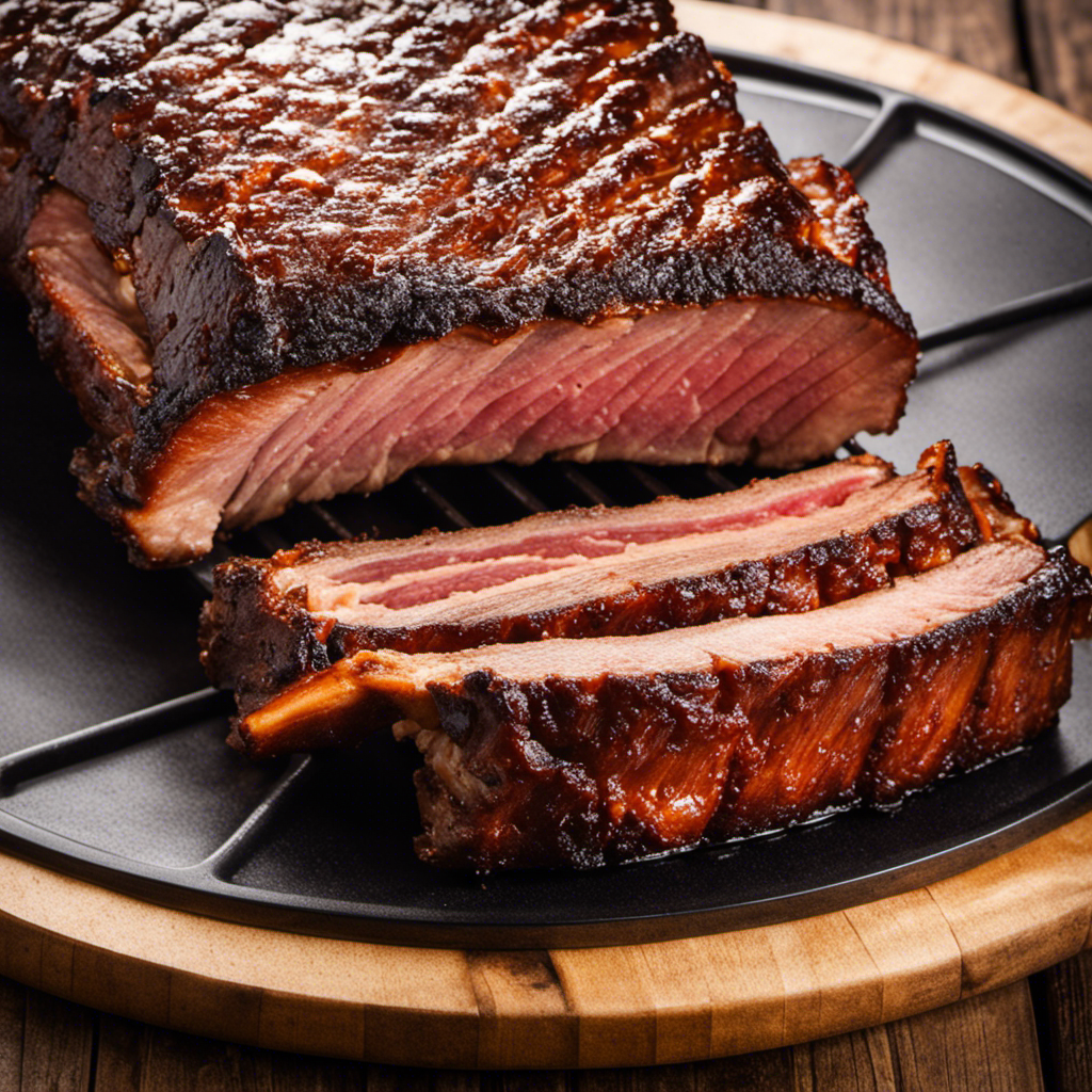 An image showcasing a perfectly smoked rack of ribs on a wood pellet grill, surrounded by a delicate haze of mouthwatering smoke