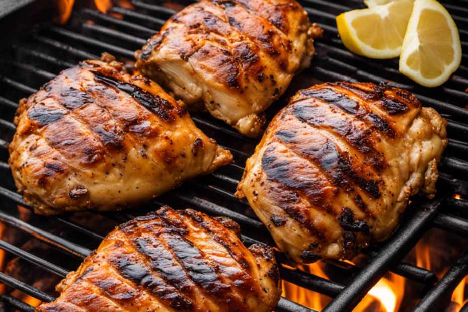 An image featuring a juicy split chicken breast sizzling on a wood pellet grill, perfectly charred with grill marks