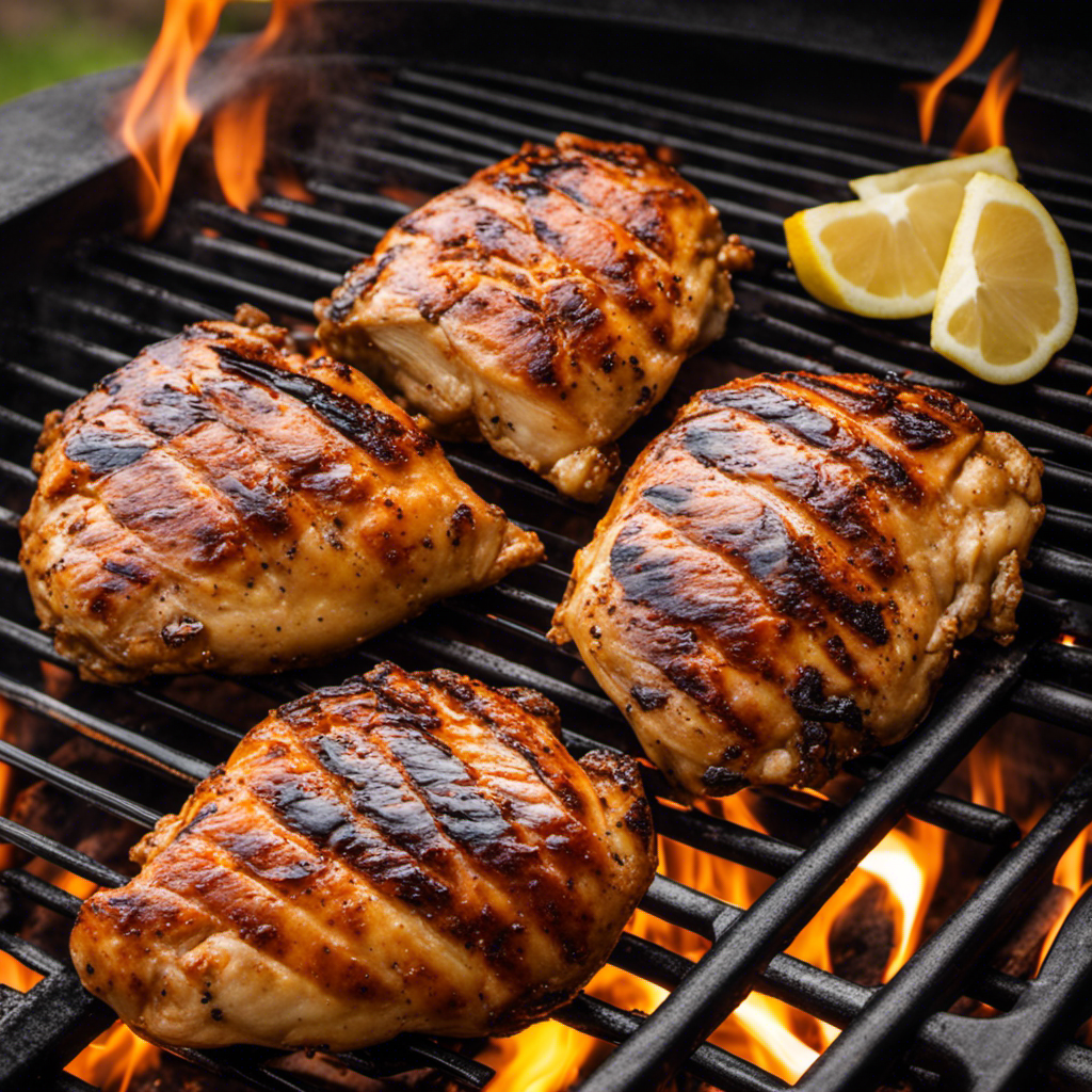 An image featuring a juicy split chicken breast sizzling on a wood pellet grill, perfectly charred with grill marks
