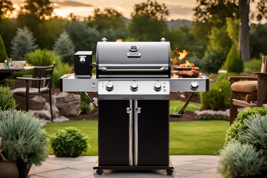 An image showcasing a wood pellet grill surrounded by a lush backyard, with smoke billowing from the grill