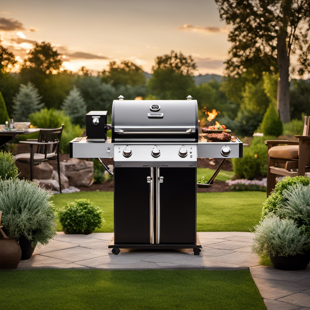 An image showcasing a wood pellet grill surrounded by a lush backyard, with smoke billowing from the grill