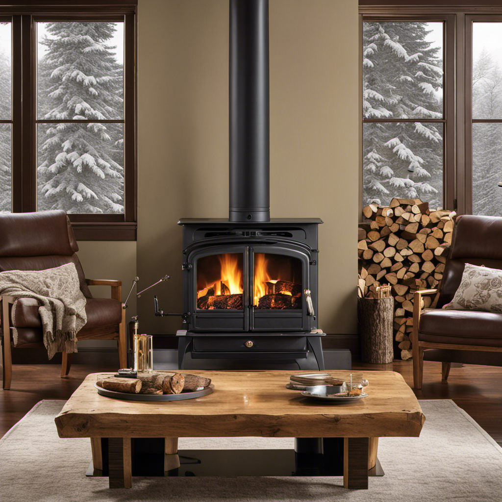 An image featuring a cozy living room with a crackling wood stove as the centerpiece
