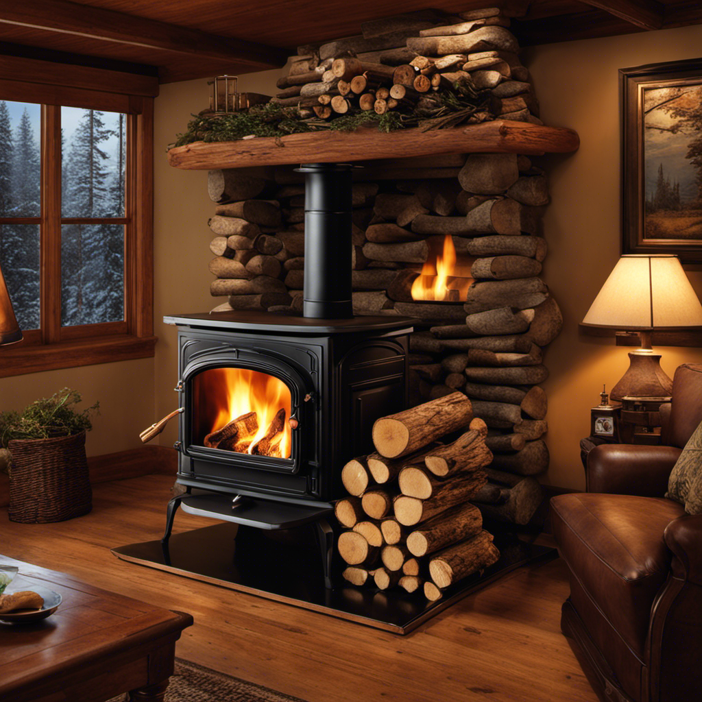 An image showcasing a roaring wood stove, radiating a warm glow throughout a cozy living room