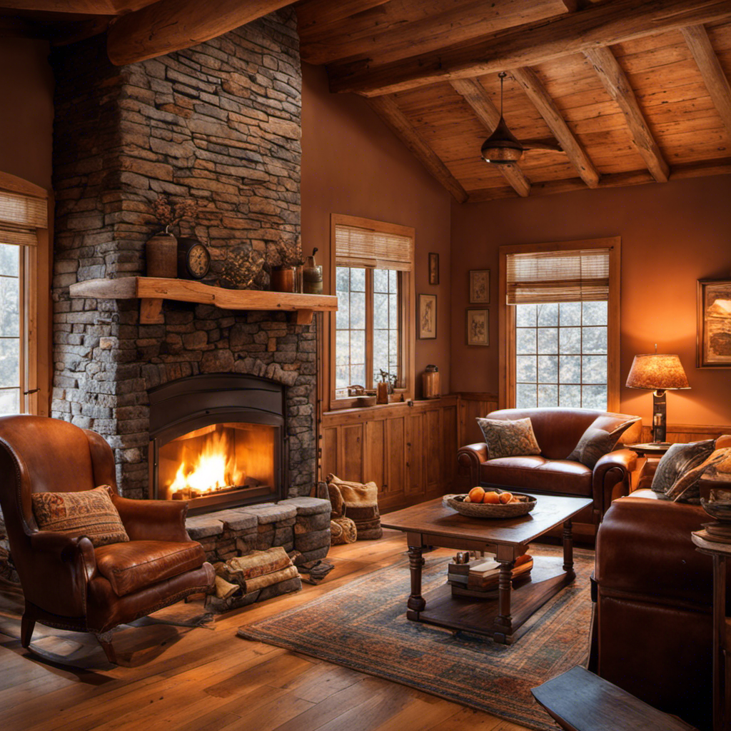 An image showcasing a cozy living room with a crackling wood stove as the focal point