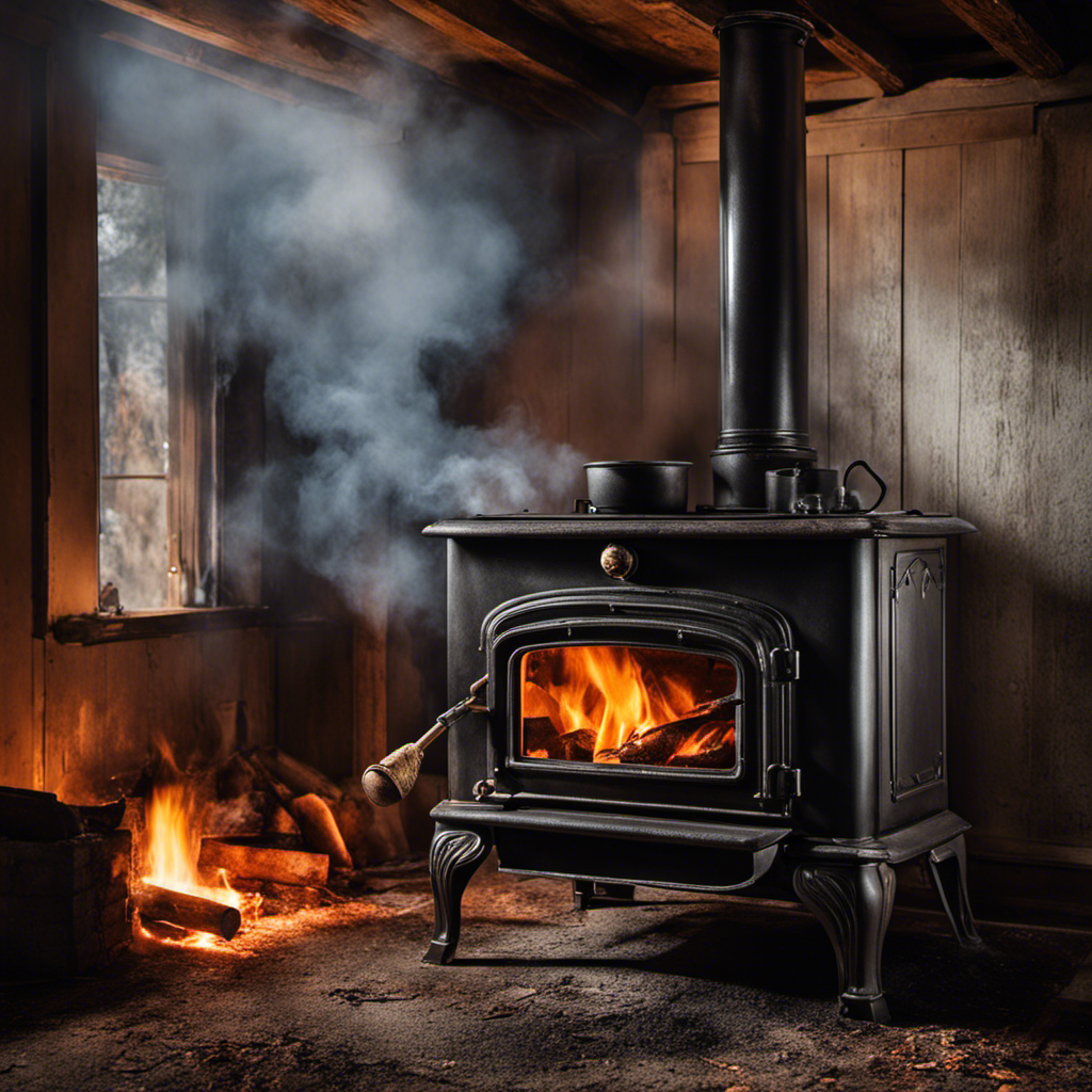 An image showcasing a worried homeowner, sweating profusely, desperately fanning the flames of an overfired wood stove