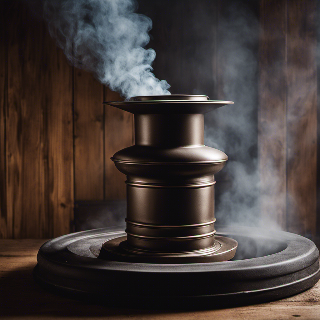 An image showcasing a close-up of a wood stove pipe emitting pungent smoke, surrounded by a faint haze