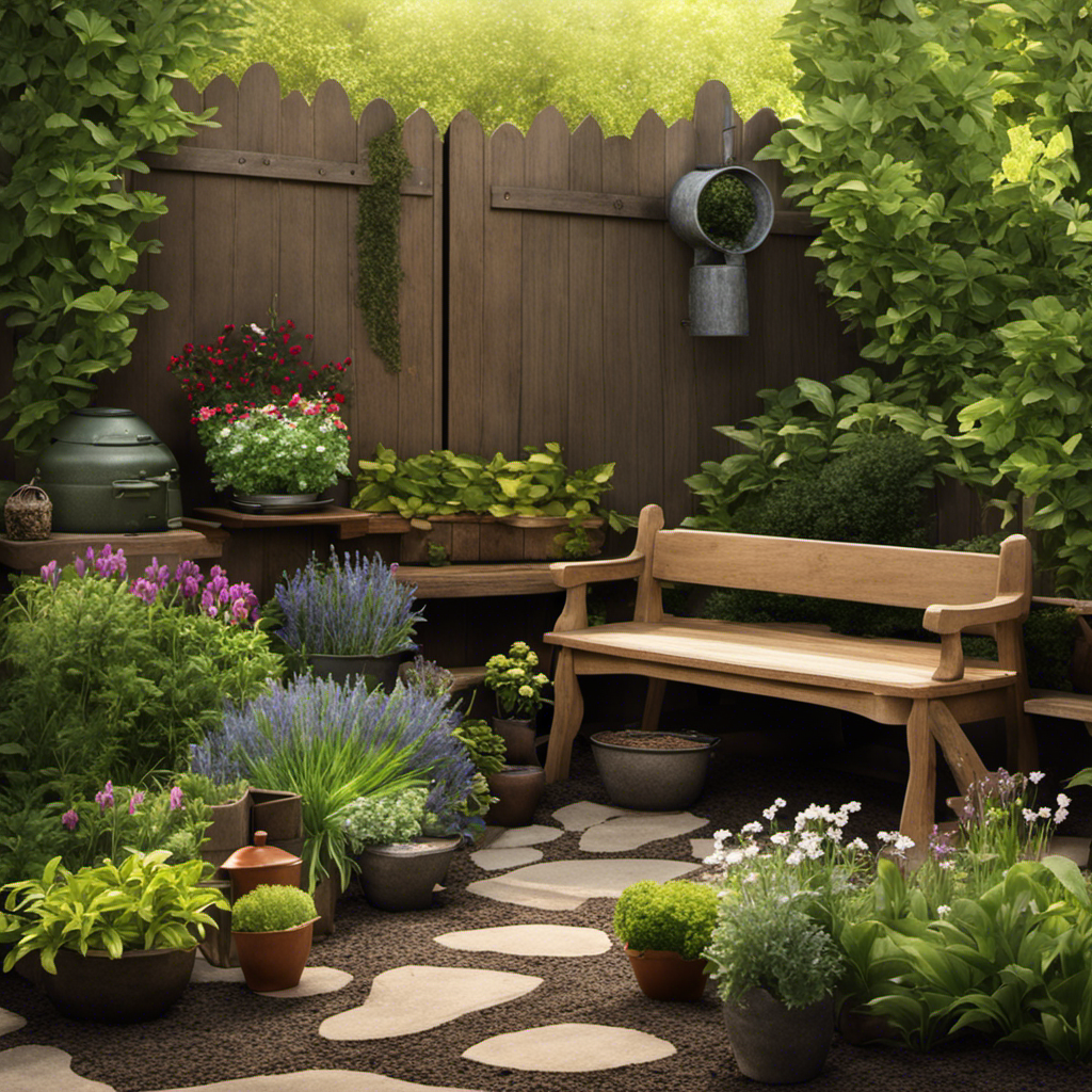 An image showcasing a serene garden scene, with a rustic wooden bench adorned with potted plants