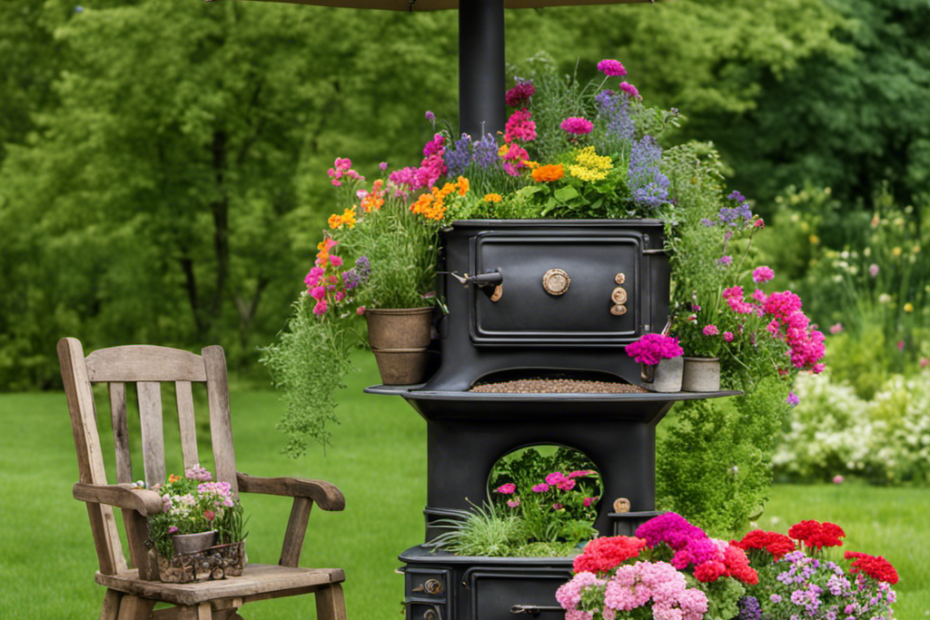 An image showcasing a beautiful, rustic garden scene with an old wood stove creatively repurposed as a charming planter, adorned with vibrant flowers and greenery, bringing new life and character to any outdoor space