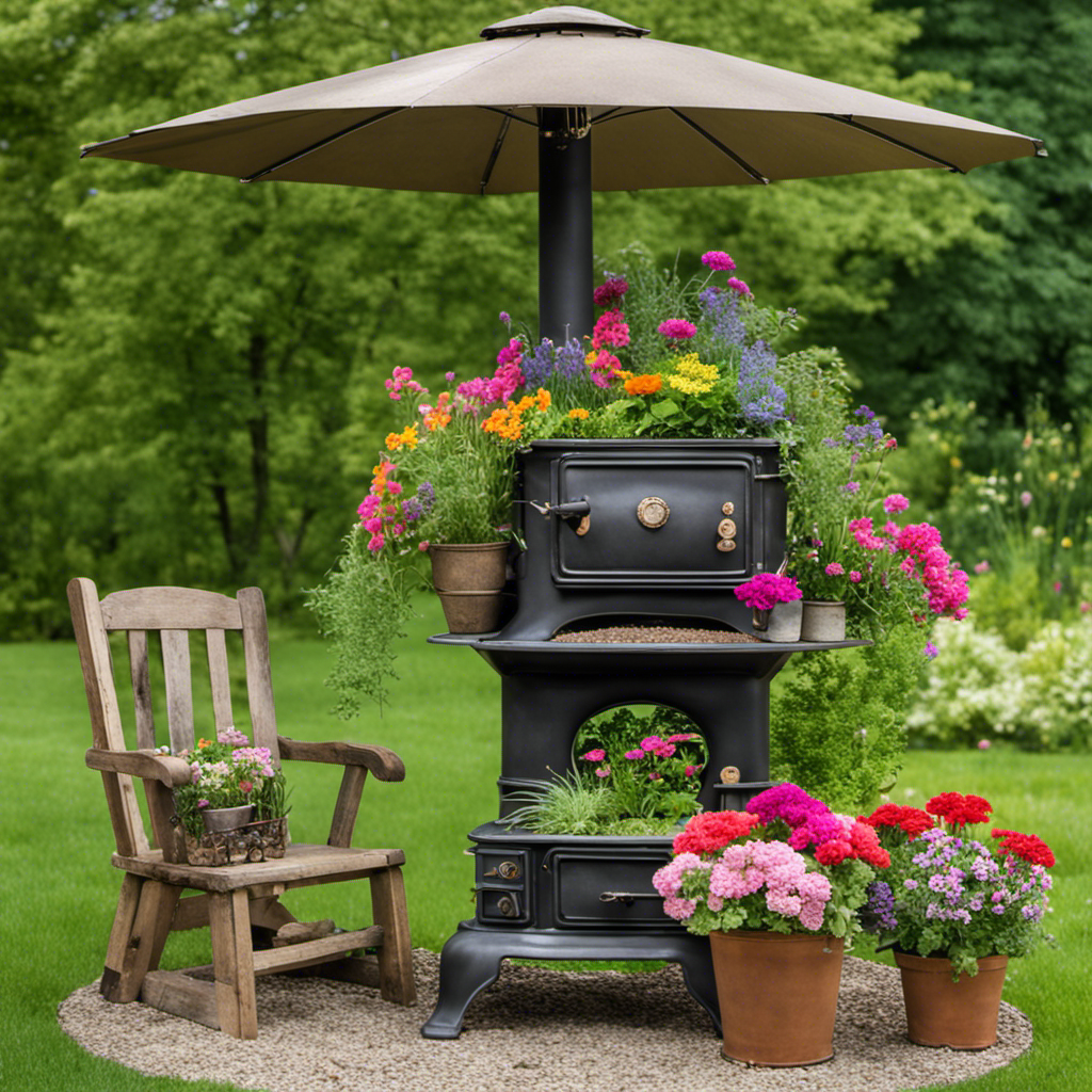 An image showcasing a beautiful, rustic garden scene with an old wood stove creatively repurposed as a charming planter, adorned with vibrant flowers and greenery, bringing new life and character to any outdoor space