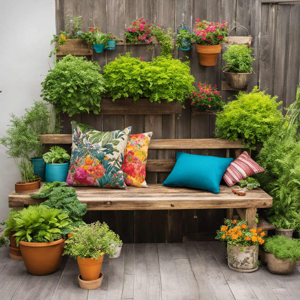 An image showcasing a rustic wooden bench in a lush backyard garden, adorned with colorful potted plants and cushions made from repurposed wood pellet bags