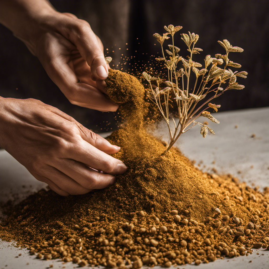 An image capturing a pair of hands delicately scooping wood pellet dust into a small potted plant, as golden specks of dust dance in the air, highlighting the transformative potential of this natural resource