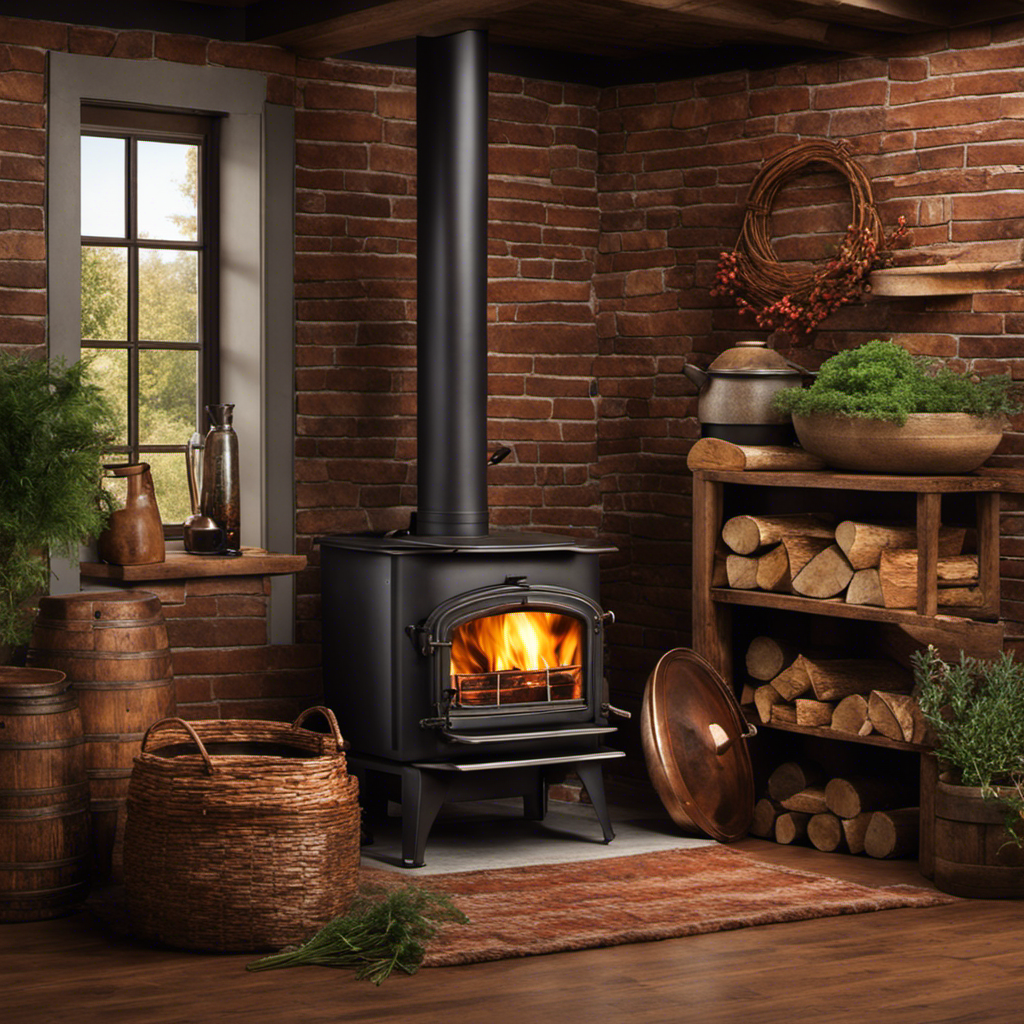 a visual feast for the eyes with an image showcasing a rustic wood stove, nestled against a beautiful, textured brick wall, adorned with a handcrafted copper kettle, stacked firewood, and a cozy woven basket filled with aromatic herbs