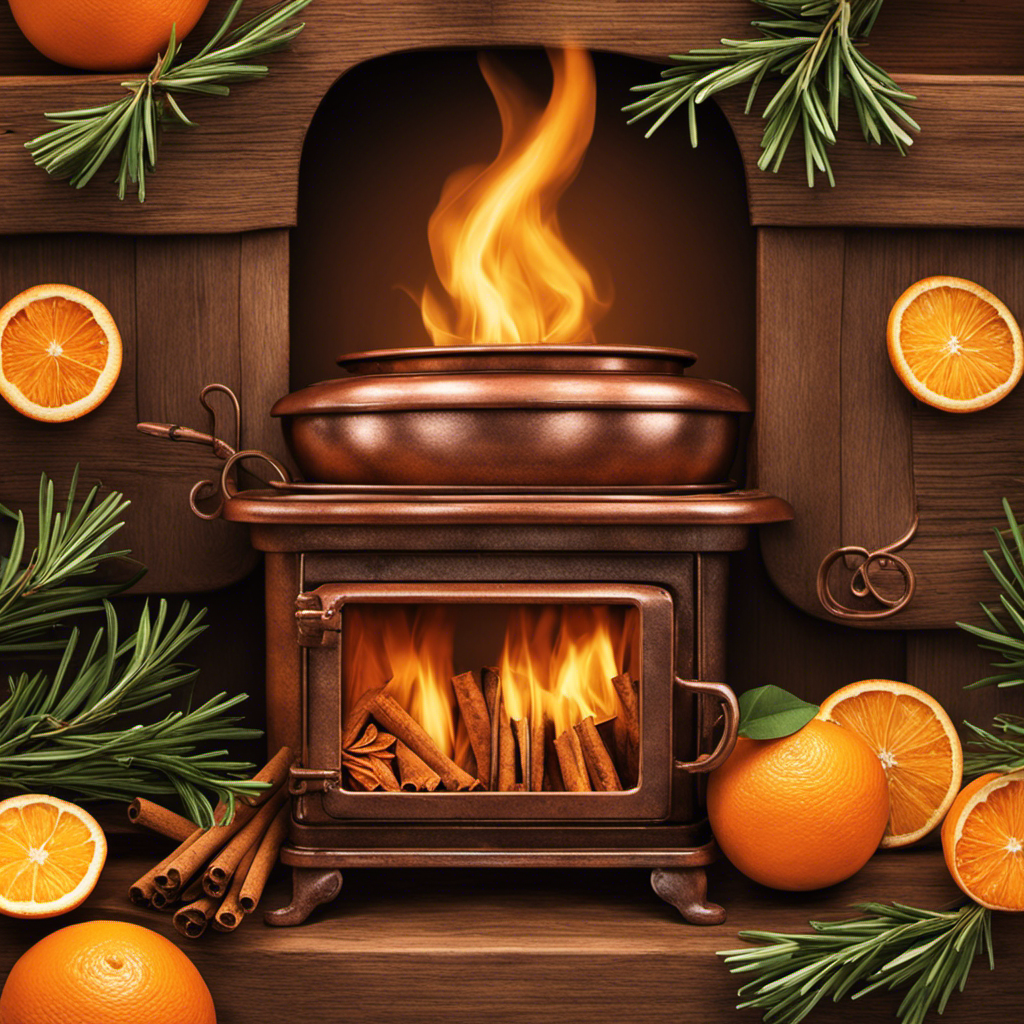 An image showcasing a rustic wooden stove adorned with a copper pot filled with a vibrant medley of dried orange slices, cinnamon sticks, fragrant cloves, and sprigs of fresh rosemary, emanating a cozy and invigorating aroma