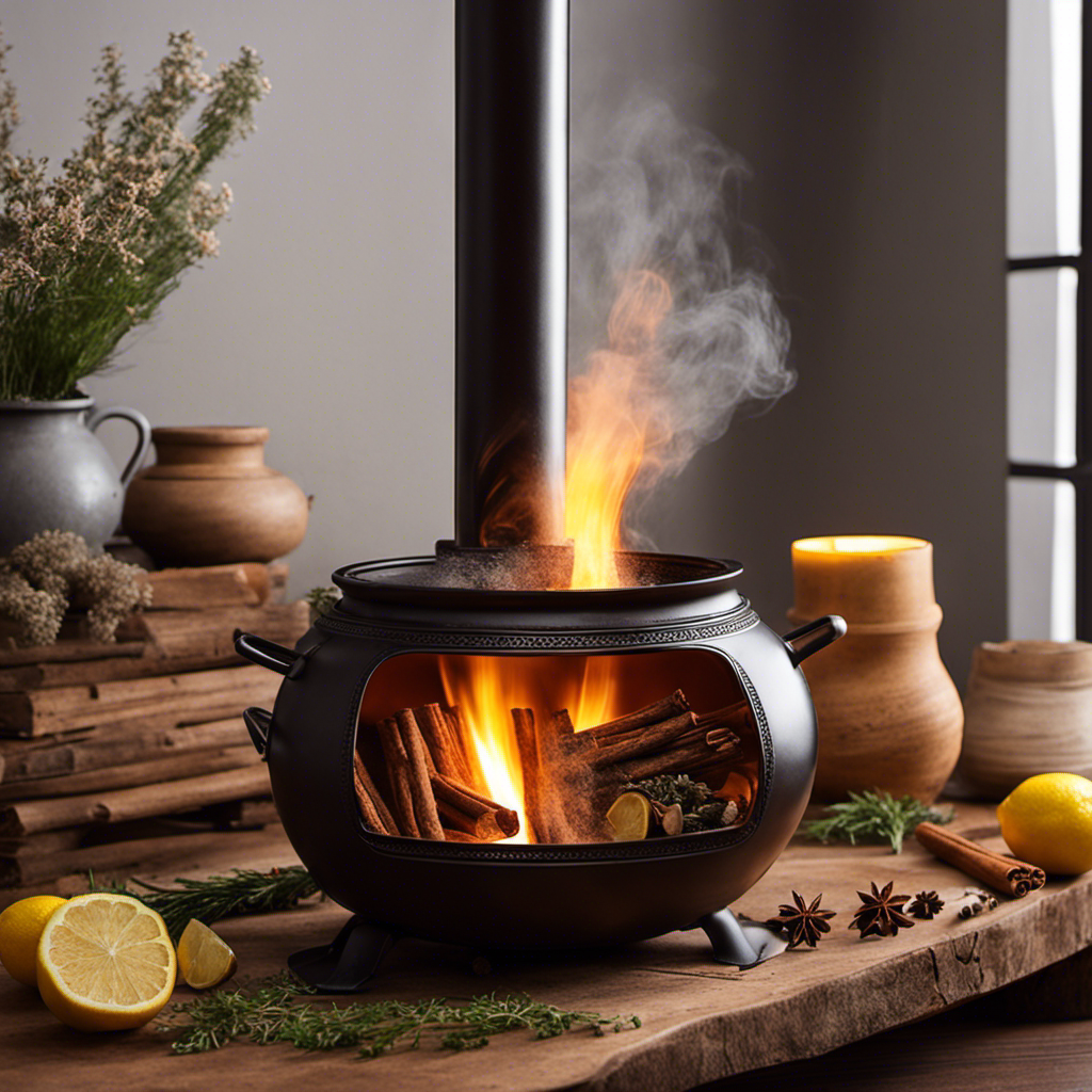 An image showcasing a rustic wooden stove with a bubbling cauldron atop