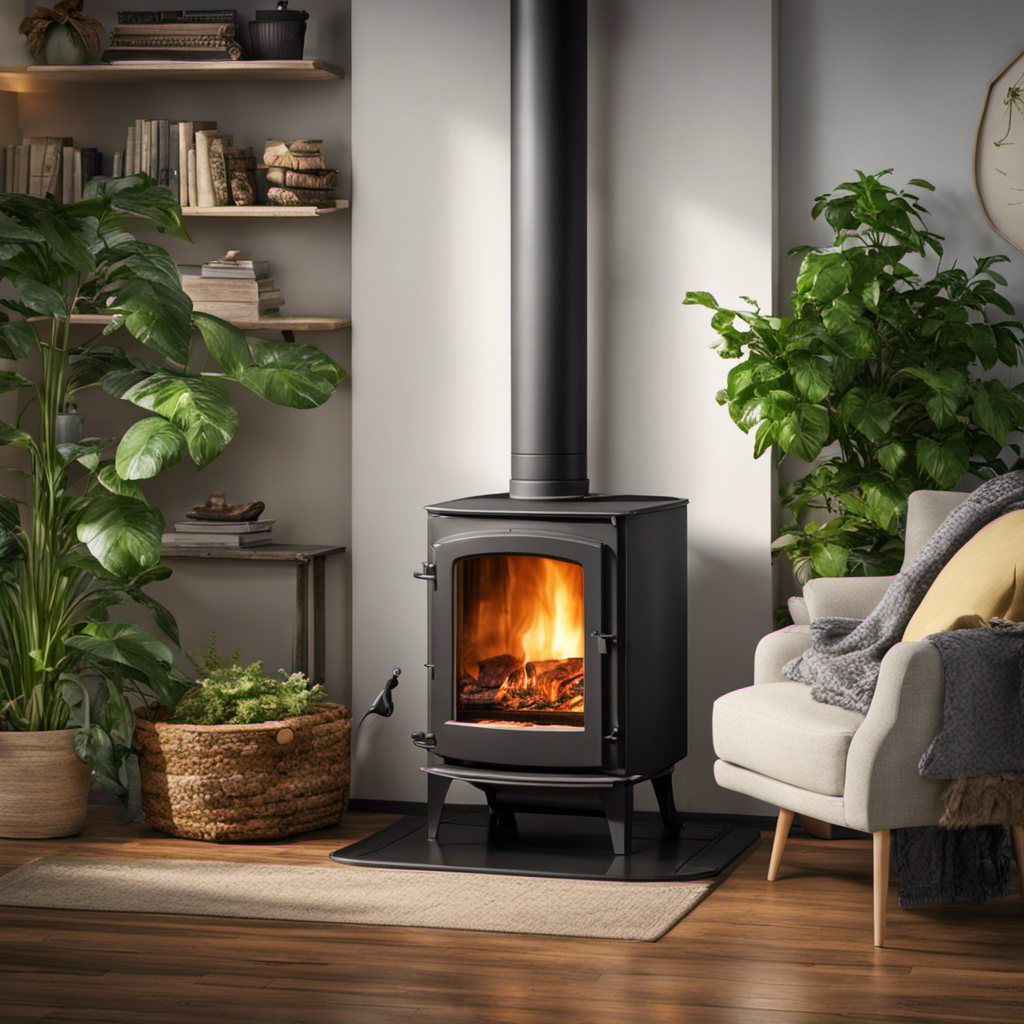 An image showcasing a cozy living room with a wood stove radiating inviting warmth