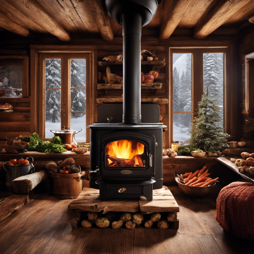 An image that captures the cozy essence of winter: a rustic wood stove radiating warmth, with a large pot simmering on top, filled with rich, aromatic ingredients like vegetables, herbs, and tender cuts of meat, tantalizingly releasing mouthwatering steam