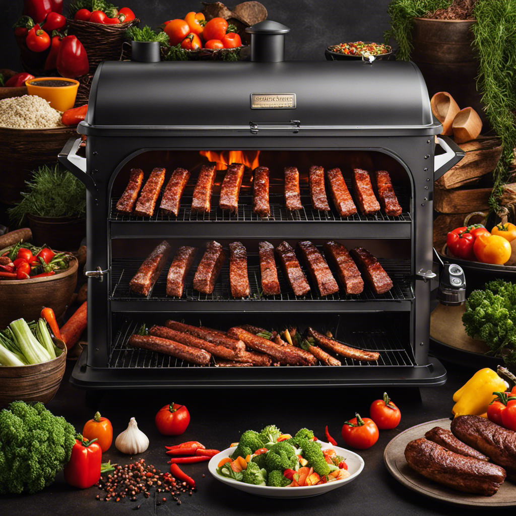 An image showcasing a wood pellet smoker filled with succulent racks of ribs, juicy briskets, and sizzling sausages