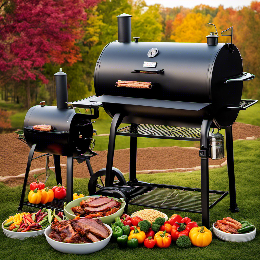 An image featuring a vibrant outdoor setting with a wood pellet smoker filled with mouthwatering racks of ribs, juicy brisket, and succulent pulled pork, all surrounded by an assortment of colorful vegetables and aromatic wood pellets