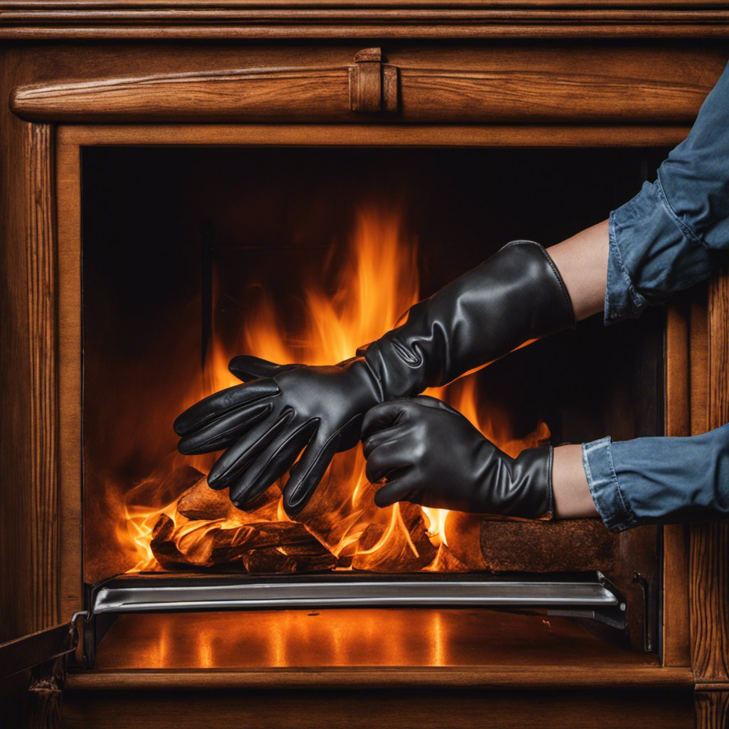 An image showcasing a pair of protective gloves gently wiping away soot and grime from a crystal-clear glass window on a wood stove, revealing the warm glow of the burning flames within