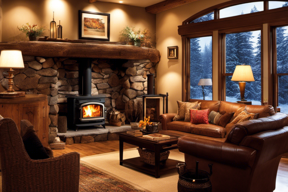 An image showcasing a cozy living room with a wood stove at its heart