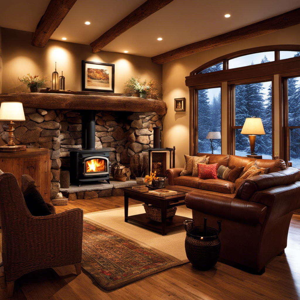 An image showcasing a cozy living room with a wood stove at its heart