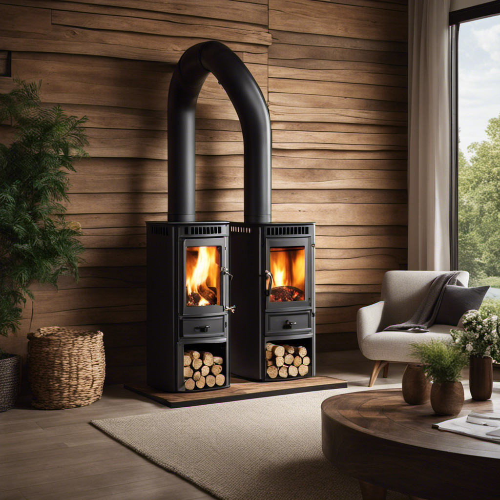 An image showcasing a rustic wooden pellet stove with an elegant, intricately carved pipe