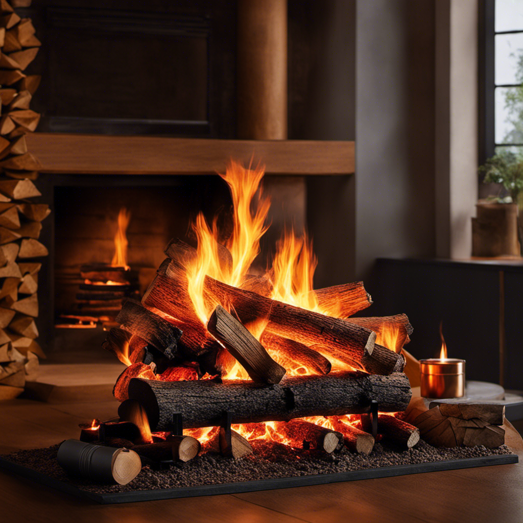 An image showcasing a crackling fireplace with a vibrant, aromatic pile of well-seasoned oak logs, emitting a warm orange glow and billowing smoke as it consumes the wood