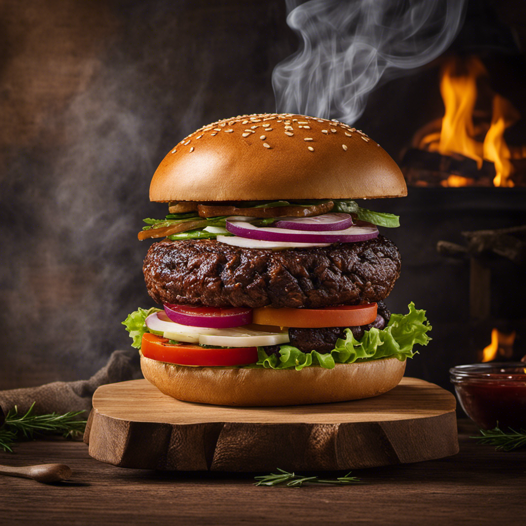 An image of a mouthwatering hamburger grilling on a wooden pellet made from hickory, emitting aromatic smoke