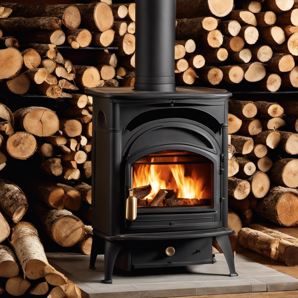 An image showcasing a close-up of a high-efficiency wood burning stove, surrounded by a stack of well-seasoned oak, maple, and cherry wood logs, radiating warmth and displaying their distinct grain patterns