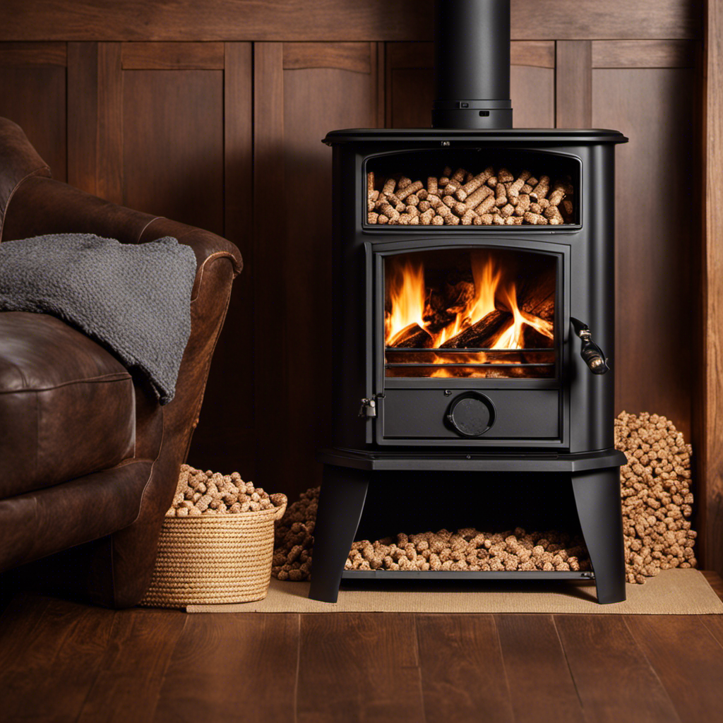 An image capturing the essence of wood pellet stoves by showcasing a close-up view of a neatly stacked pile of high-quality hardwood pellets, their rich brown hues contrasting against the rustic backdrop of a cozy living room environment