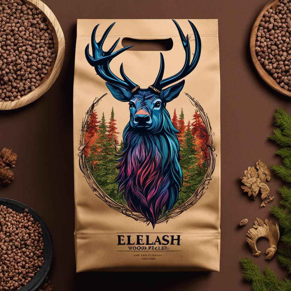 An image depicting a distinct wood pellet bag design featuring a majestic elk head and antlers, showcasing intricate detail and vibrant colors, perfect for a blog post exploring this unique packaging