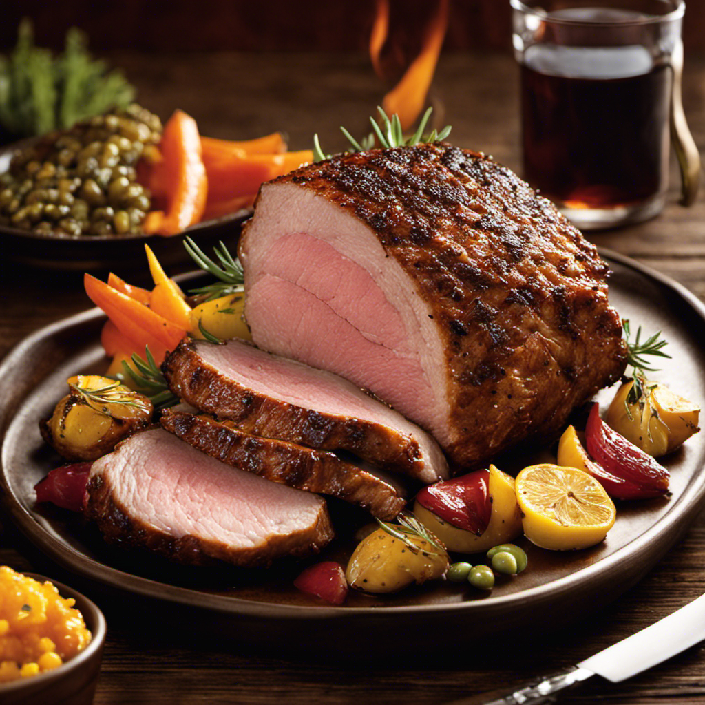 An image showcasing a succulent pork roast cooked to perfection over a wood pellet grill