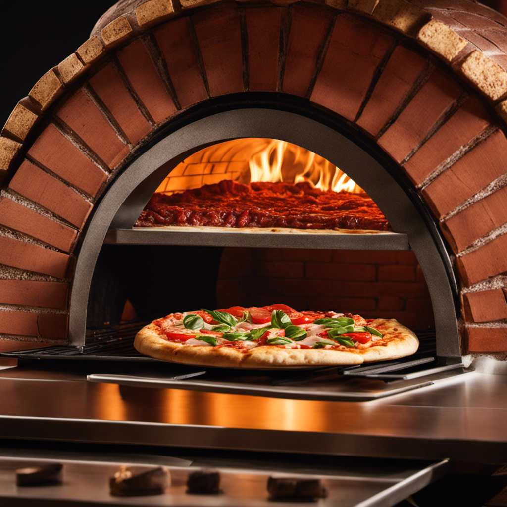 An image showcasing a wood-fired pizza oven with a tantalizing Neapolitan-style margherita pizza emerging from it, enveloped in a thin, crispy crust infused with the rich aroma of smoky hickory wood pellets