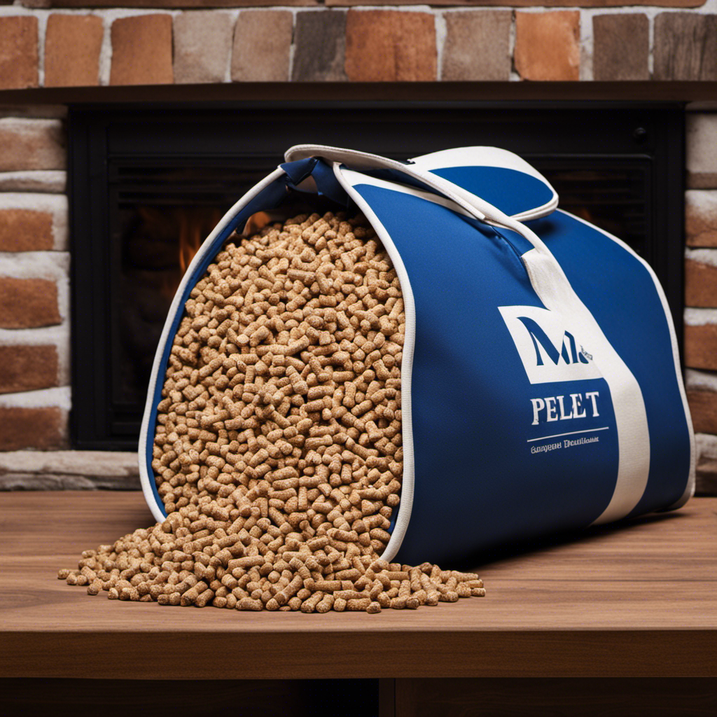 An image featuring a close-up of a pristine blue and white bag filled with premium wood pellets for a pellet stove