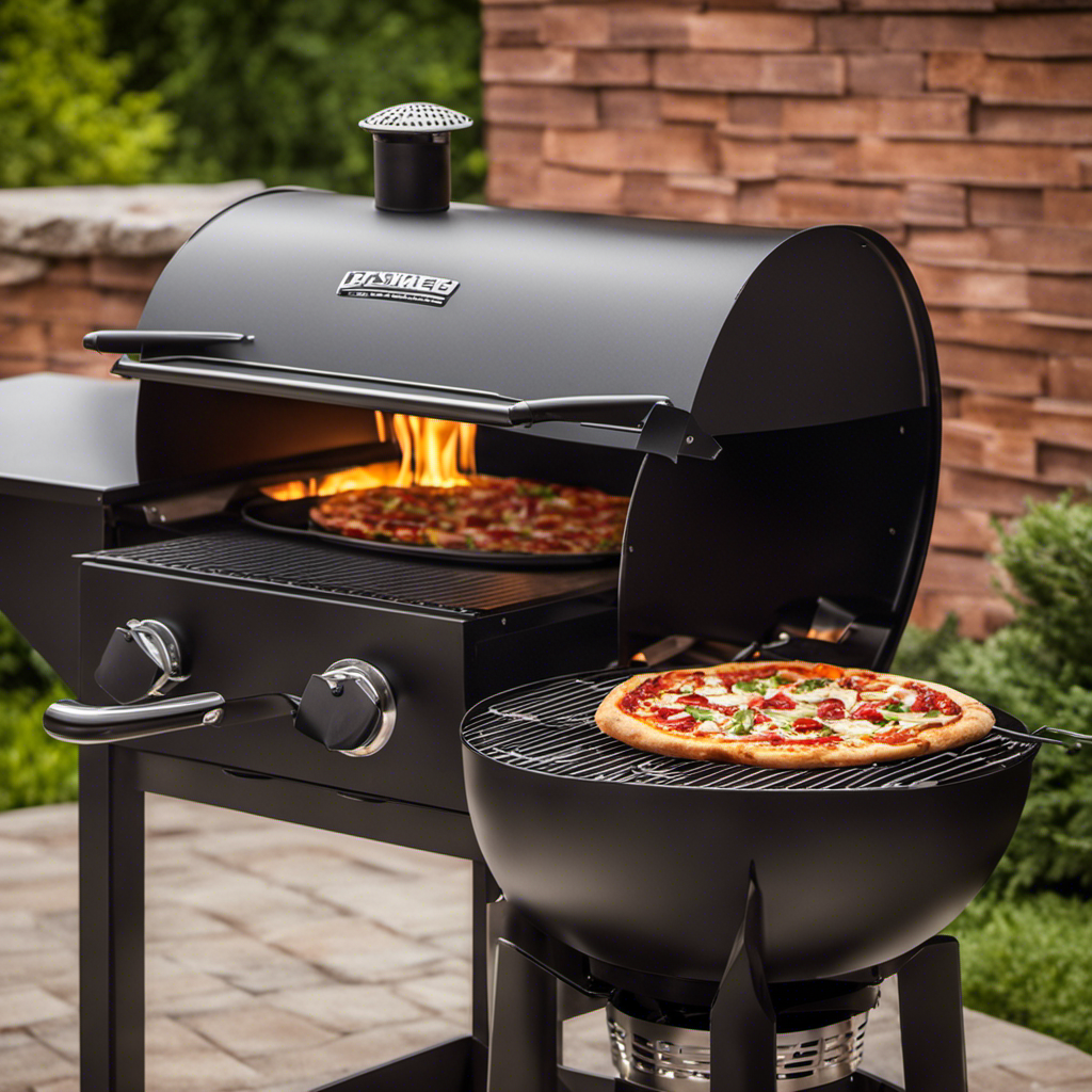 An image showcasing a wood pellet grill with the lid open, revealing a mouthwatering pizza cooking on a pizza stone