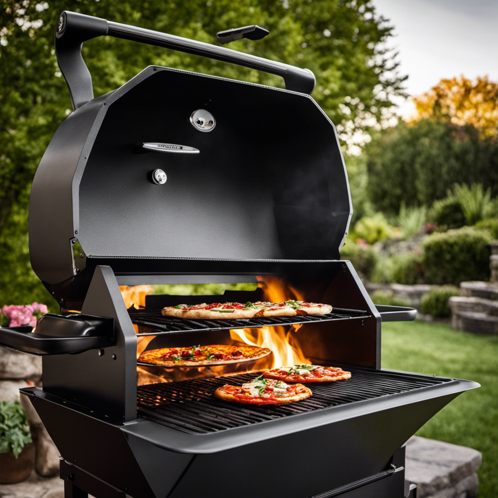 An image that showcases a wood pellet grill with a mouthwatering pizza sizzling on its grates