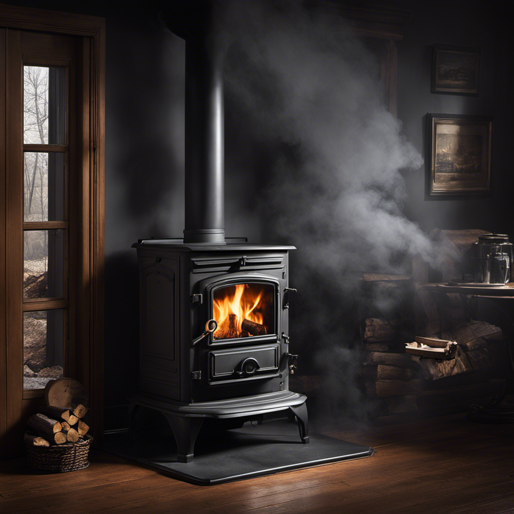 An image showcasing a smoky wood stove with an open door, emitting thick gray smoke