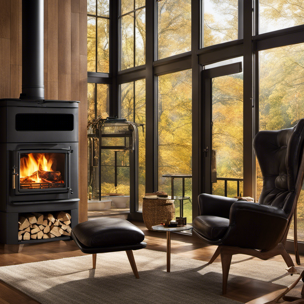 An image showcasing a cozy living room, bathed in warm, radiant heat from a high-efficiency wood burning stove