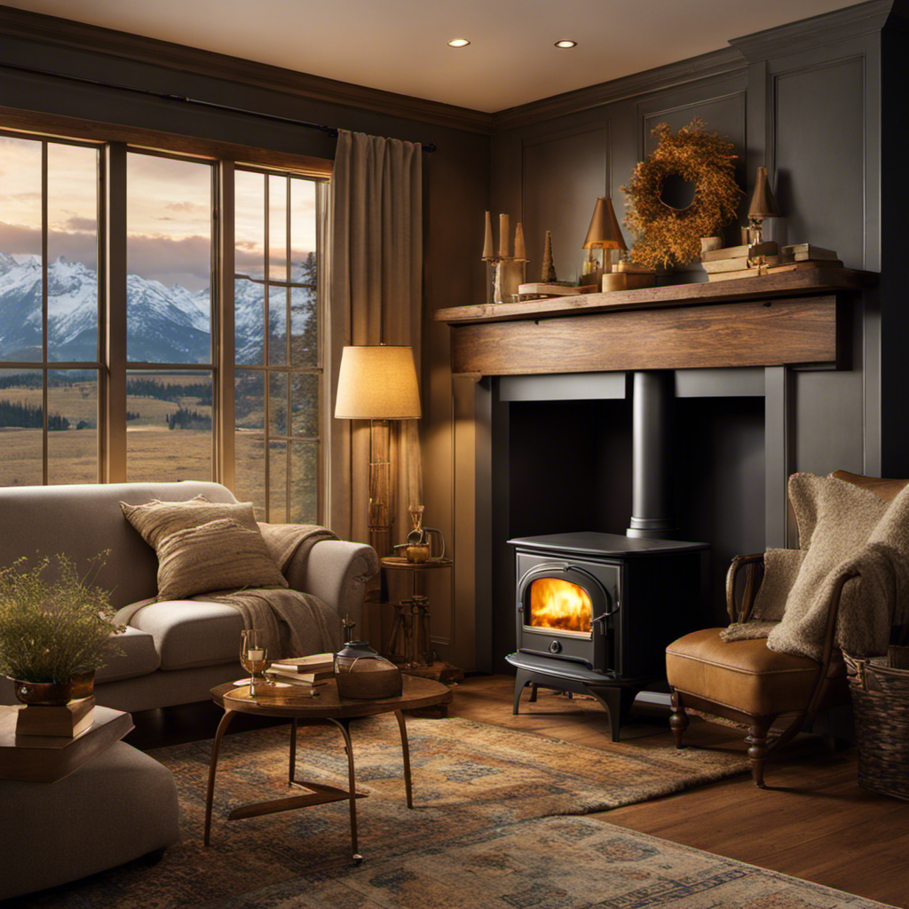 An image capturing the serene ambiance of a cozy living room, bathed in soft golden hues from the crackling wood stove, inviting readers to embrace the chilly weather and embrace the warmth it brings
