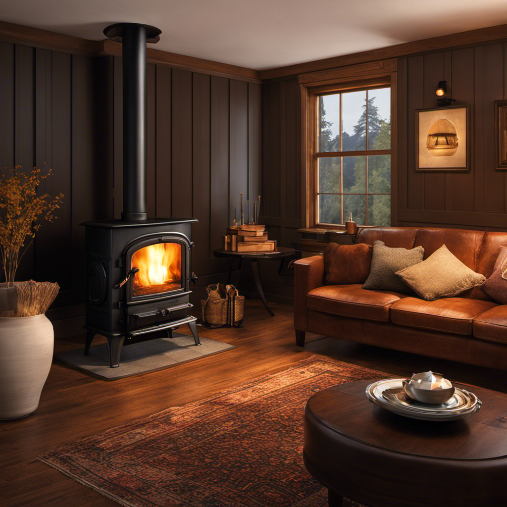 An image capturing the cozy ambiance of a dimly lit living room with a wood stove, where a flickering flame casts a warm glow
