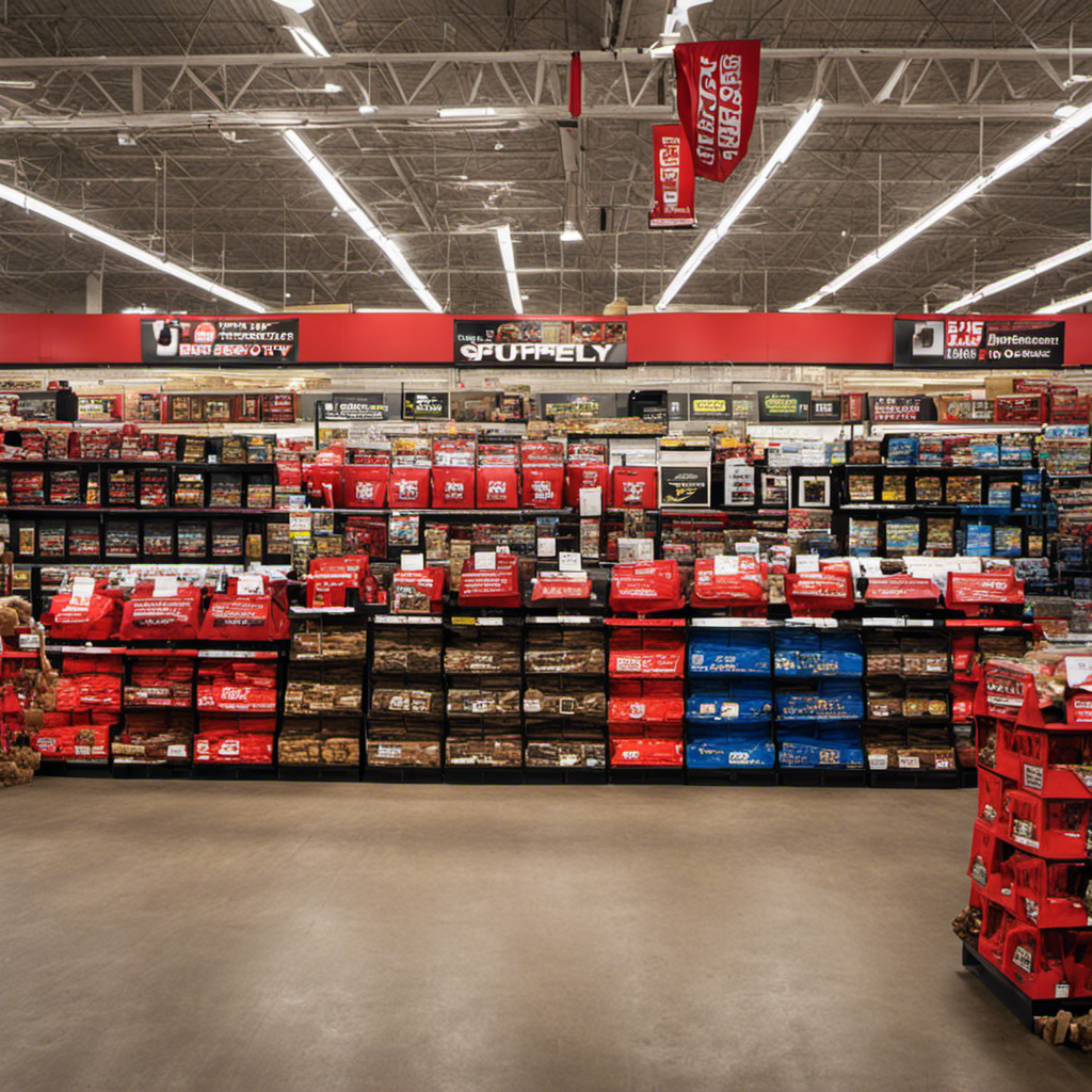 An image showcasing a bustling Tractor Supply store, filled with customers browsing through neatly stacked wood pellet bags