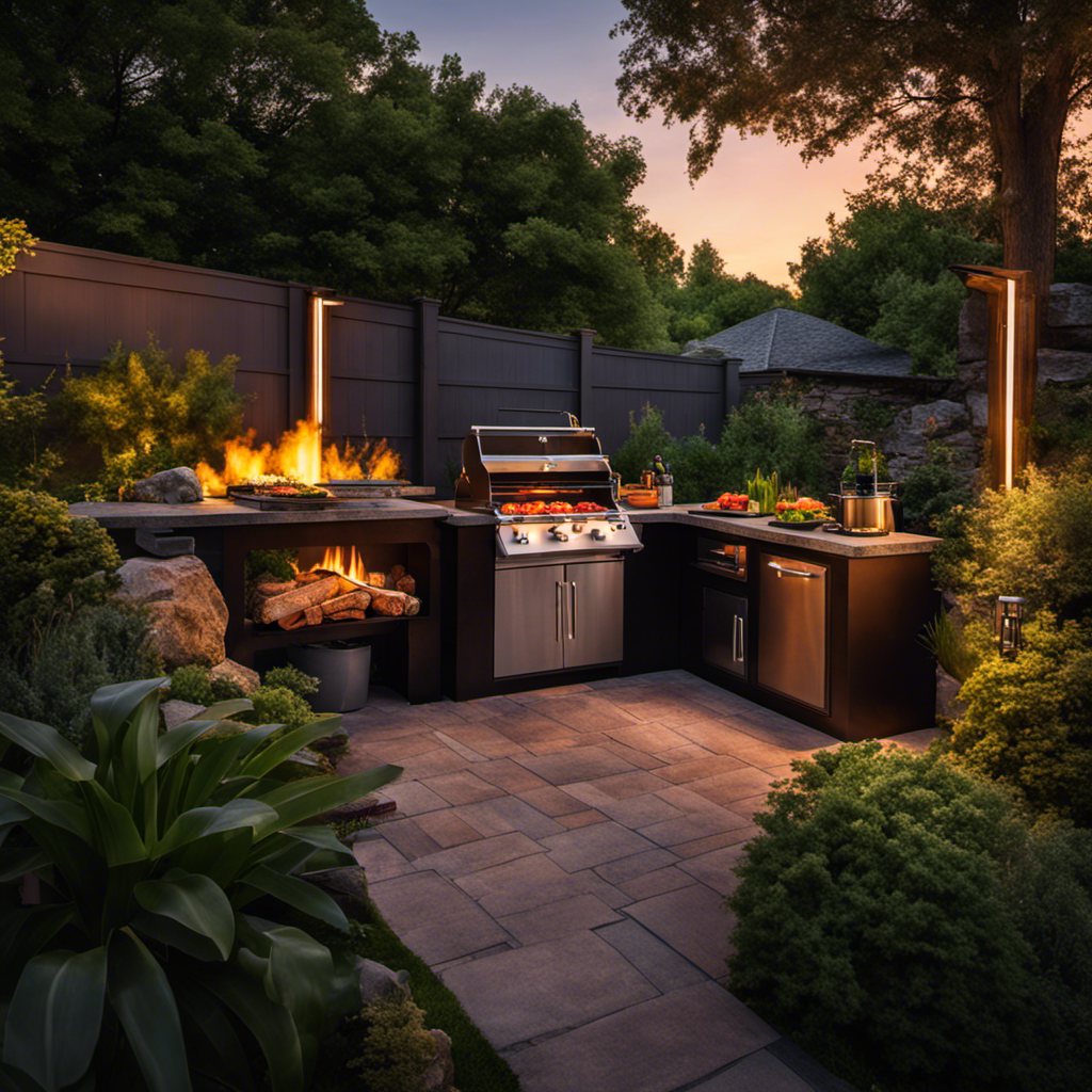 An image showcasing a cozy backyard scene at dusk, with a wood pellet grill prominently displayed