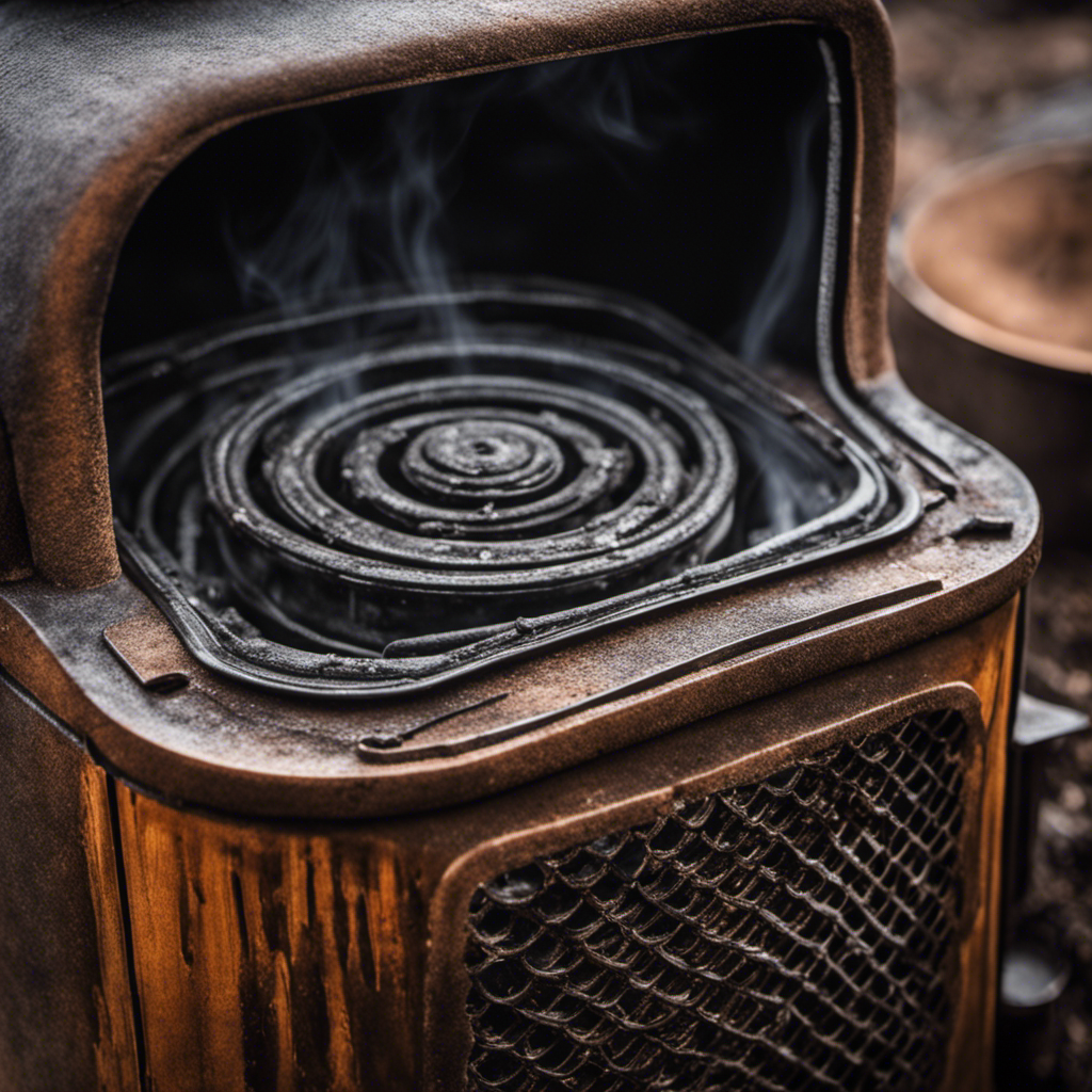 An image showcasing a close-up of a wood stove's foggy window, with condensation forming on the gasket