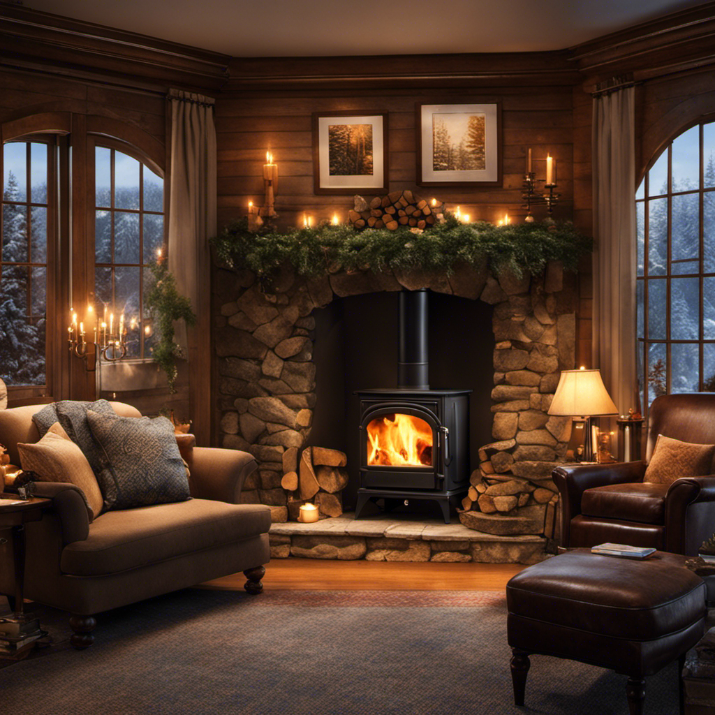 An image of a cozy living room with a wood stove in the corner