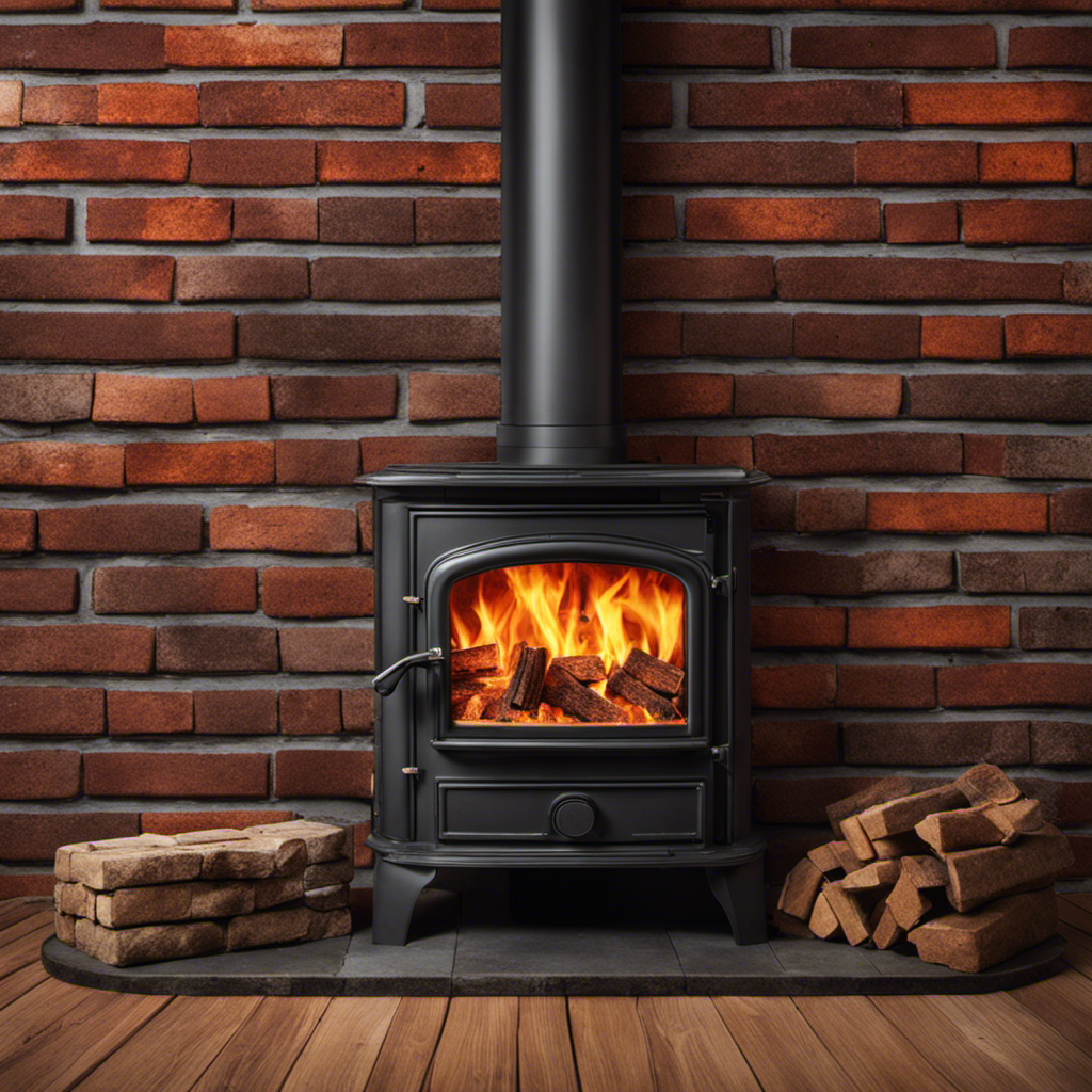 An image showcasing a wood stove with cracked and worn fire bricks, revealing intense flames and smoke escaping