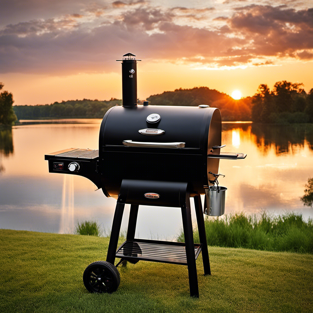 An image featuring a vibrant sunset backdrop, a Chef Pro Wood Pellet Grill and Smoker perfectly positioned for grilling, with smoke billowing out, indicating the ideal moment to infuse flavors onto your deliciously prepared meats and vegetables