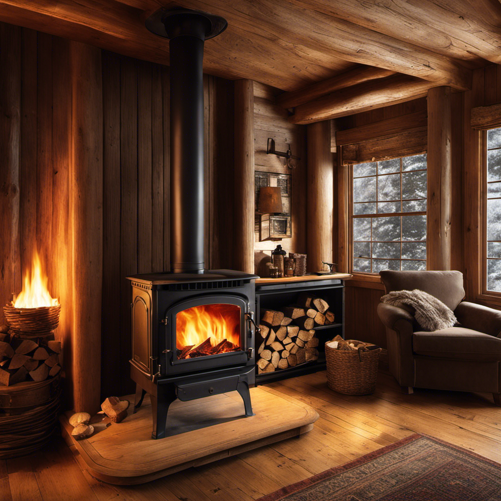 An image capturing the cozy ambiance of a wood stove in a rustic living room: warm flames dance inside the stove, casting a golden glow on the wooden floor and furniture, while wisps of smoke gracefully rise through the chimney