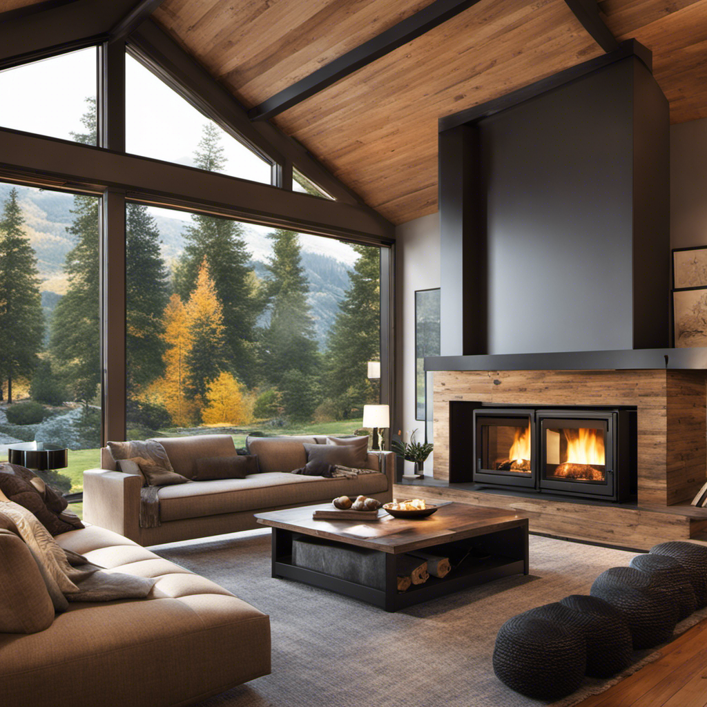 An image featuring a cozy living room with a panoramic window overlooking a lush backyard