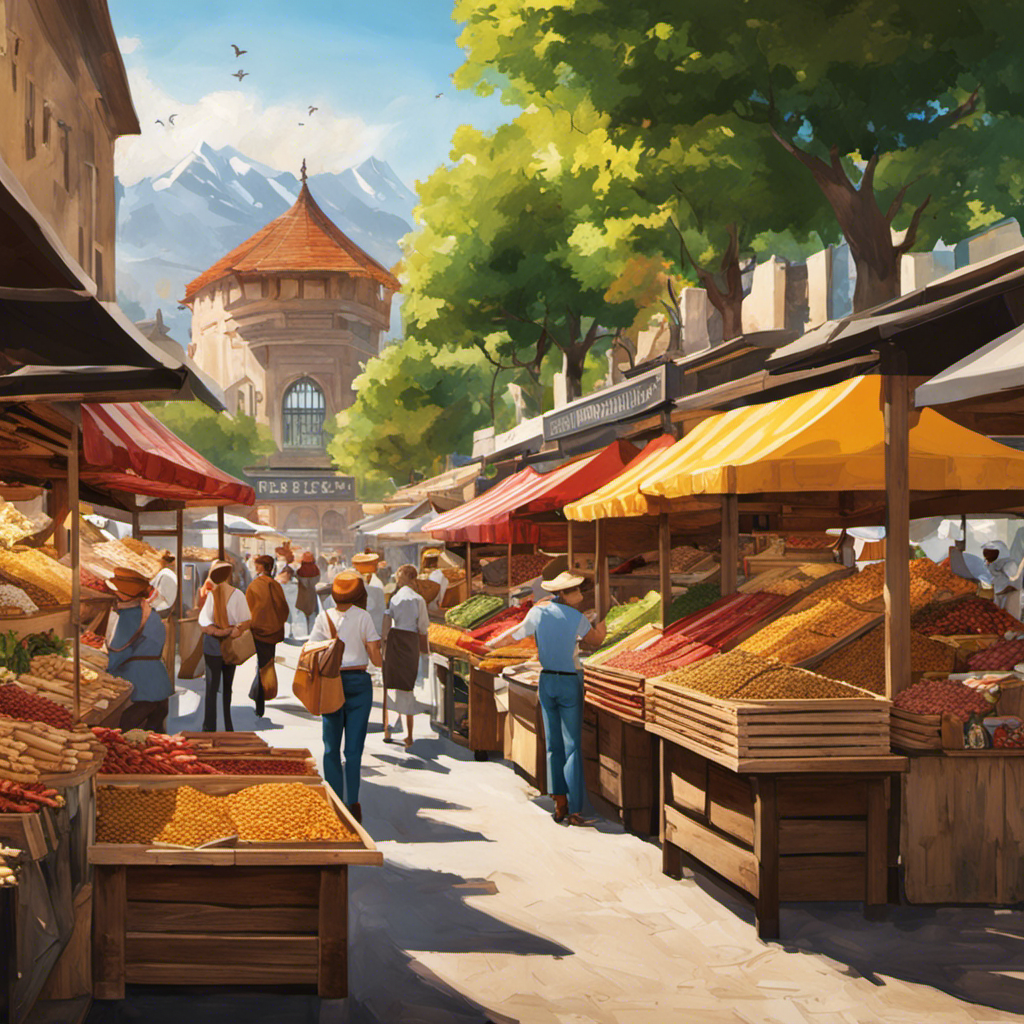 An image showcasing a bustling outdoor market with rows of wooden stalls adorned with vibrant signs and filled with an array of wood pellet grills