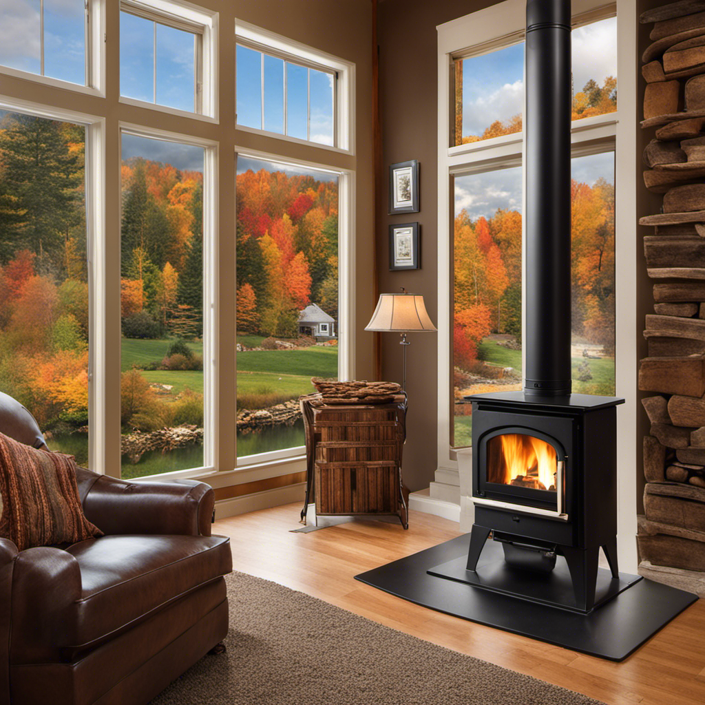 An image showcasing a cozy living room with a blazing pellet stove, surrounded by stacks of premium wood pellets in vibrant packaging